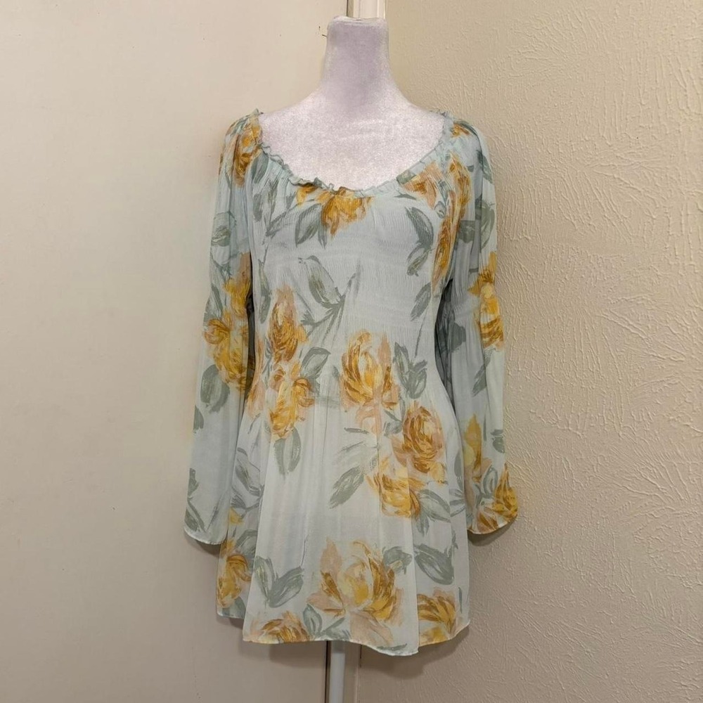 Floral & Ivy Blue Yellow Floral Sheer Fairycore Pleated Flare Sleeve Top Sz L